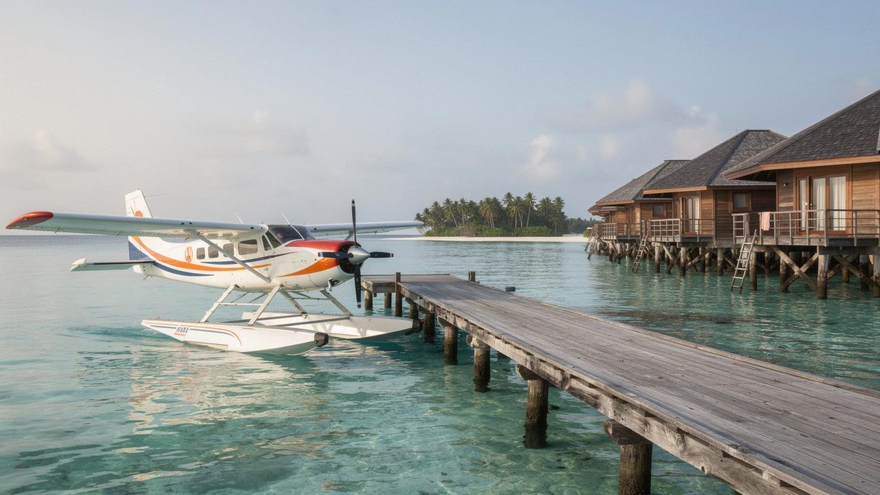 Seaplane resting on a turquoise lagoon beside a pier of overwater villas