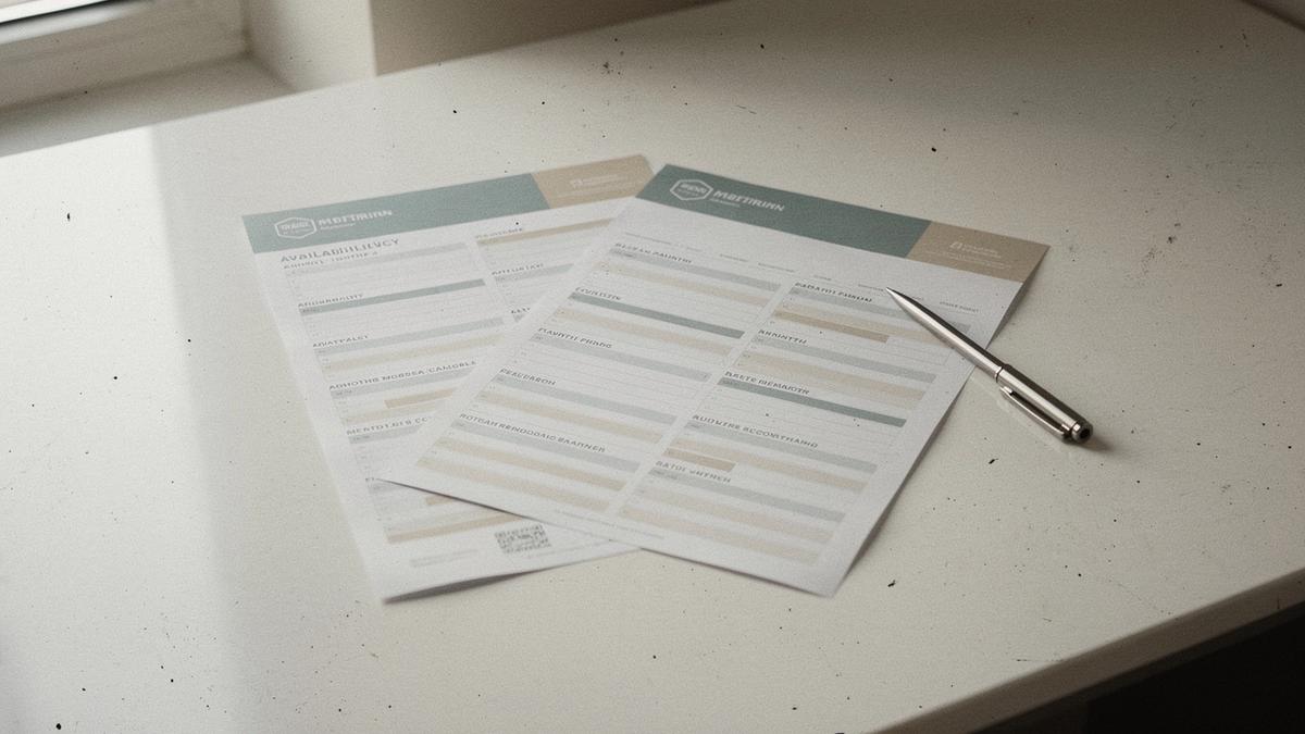 Season calendar and rate sheet laid on a desk beside a pen, used to check dates before a price is confirmed