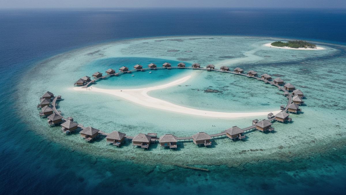 Overwater villas along a turquoise Maldives atoll